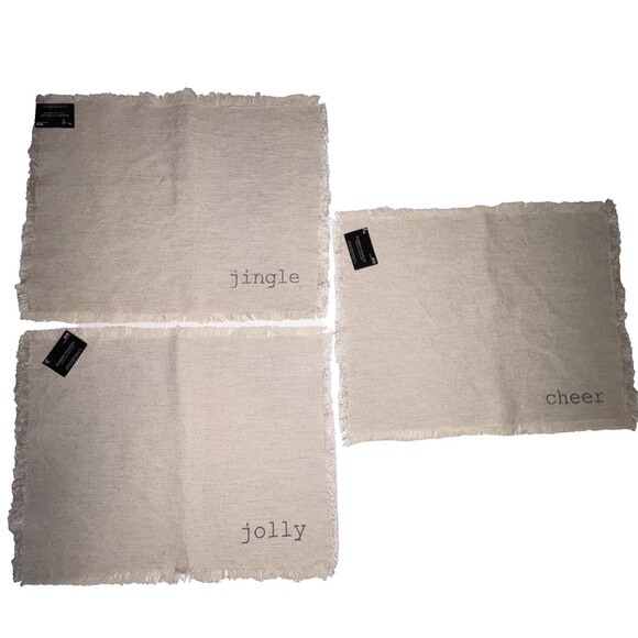 ROBERT STANLEY Holiday Christmas Placemats Set Of 3 Jingle Jolly Cheers Neutral - Picture 1 of 10